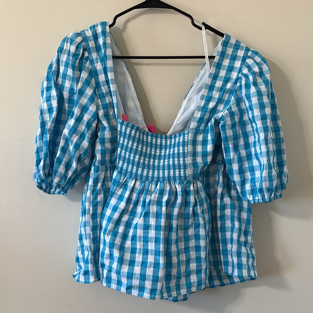 Lilly Pulitzer Sarafina Short Sleeve Turquoise Oasis Crinkle Gingham Size 14 NWT - Picture 7 of 8